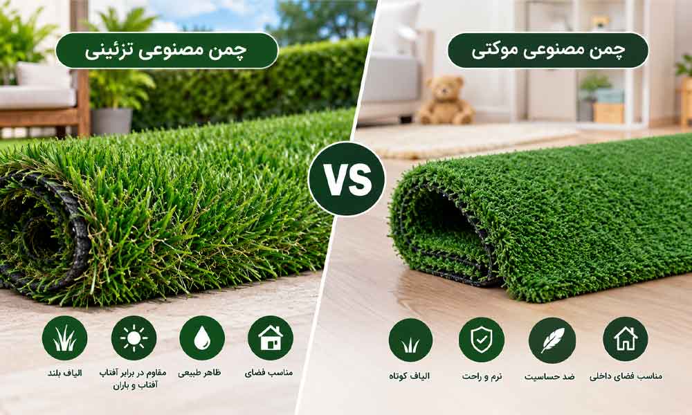 تفاوت چمن مصنوعی تزئینی و موکتی
